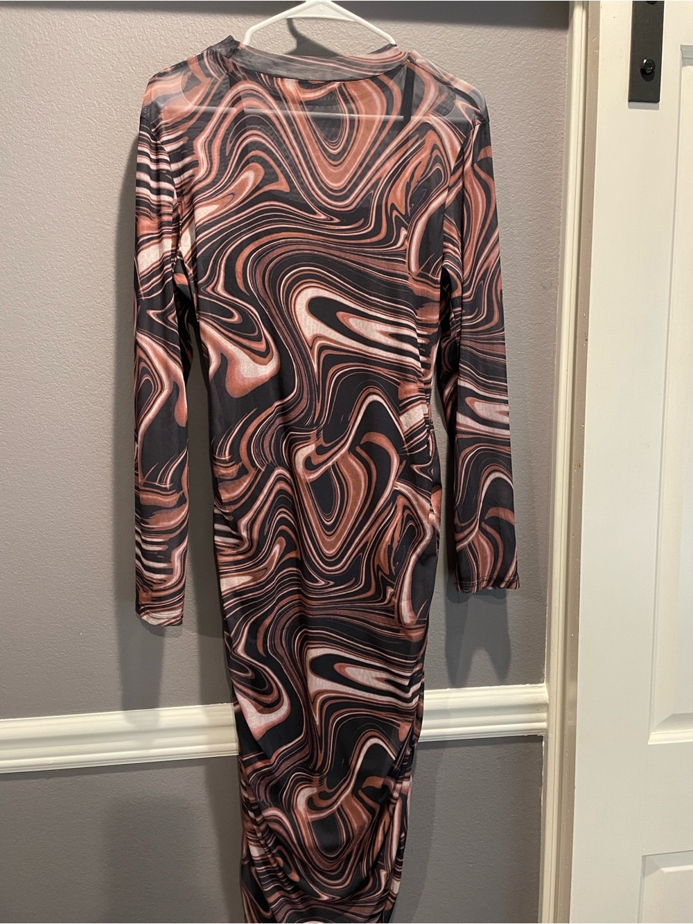 Amazon Long Sleeve Marble-Print Bodycon Dress in Brown and Black
